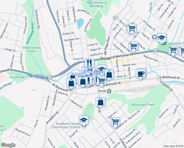 map of restaurants, bars, coffee shops, grocery stores, and more near 16 North Sussex Street in Dover