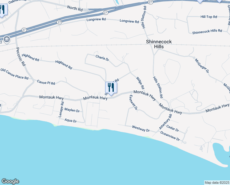 map of restaurants, bars, coffee shops, grocery stores, and more near 529 Montauk Highway in Southampton