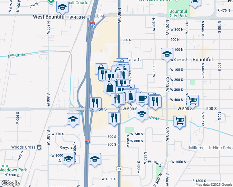 map of restaurants, bars, coffee shops, grocery stores, and more near 410 500 West in Bountiful