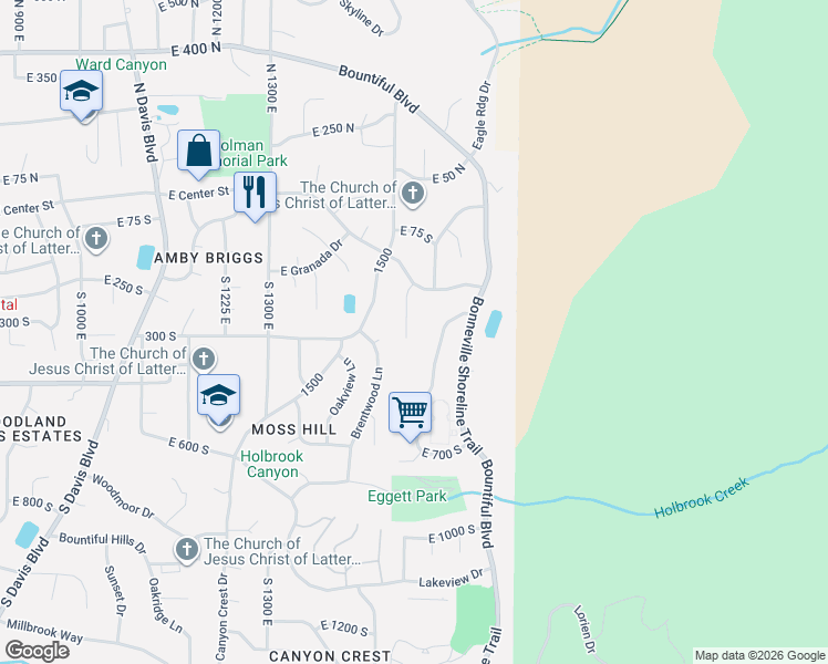 map of restaurants, bars, coffee shops, grocery stores, and more near 295 South 1550 East in Bountiful