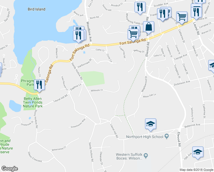 map of restaurants, bars, coffee shops, grocery stores, and more near 11 Millmohr Court in Northport