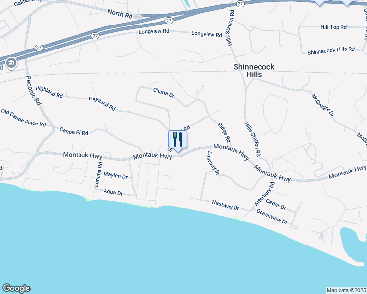 map of restaurants, bars, coffee shops, grocery stores, and more near 529 Montauk Highway in Southampton