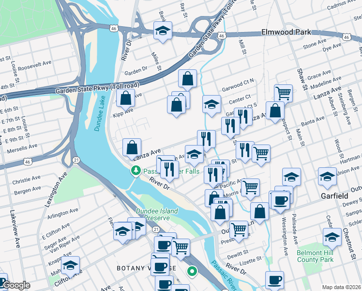 map of restaurants, bars, coffee shops, grocery stores, and more near 102 Lanza Avenue in Garfield