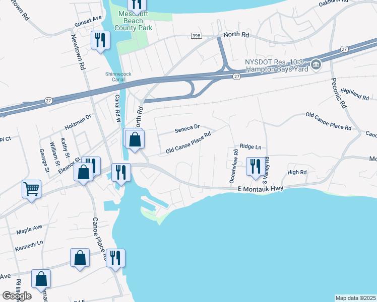 map of restaurants, bars, coffee shops, grocery stores, and more near 20 Old Canoe Place Road in Hampton Bays