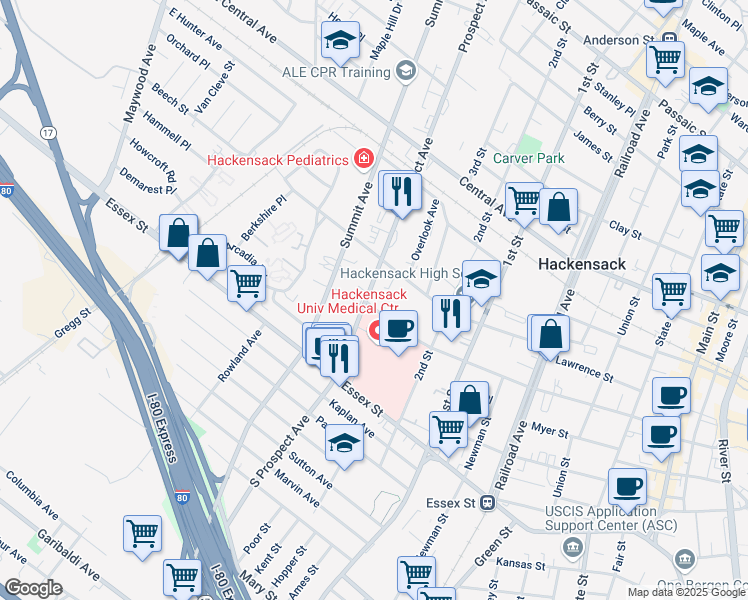 map of restaurants, bars, coffee shops, grocery stores, and more near 316 Atlantic Street in Hackensack