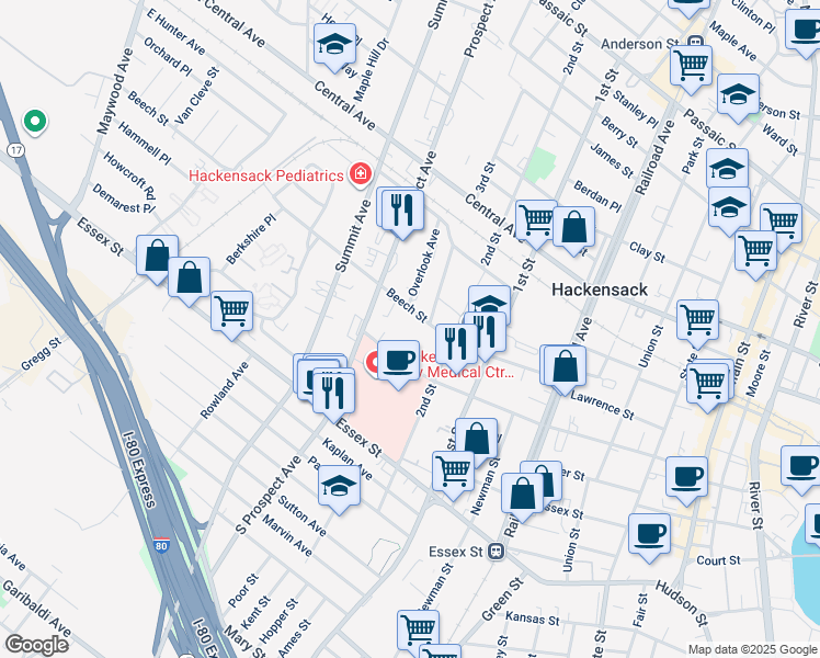 map of restaurants, bars, coffee shops, grocery stores, and more near 2ND State Street in Hackensack