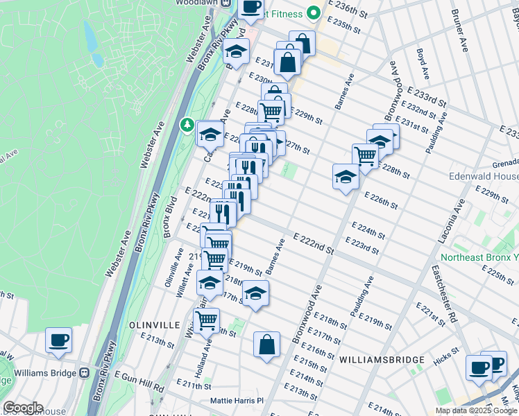 map of restaurants, bars, coffee shops, grocery stores, and more near 745 East 222nd Street in Bronx