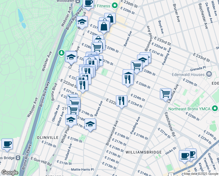 map of restaurants, bars, coffee shops, grocery stores, and more near 772 East 223rd Street in Bronx