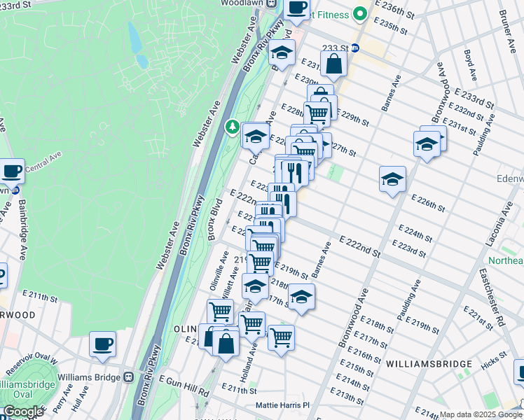 map of restaurants, bars, coffee shops, grocery stores, and more near 669 East 221st Street in The Bronx