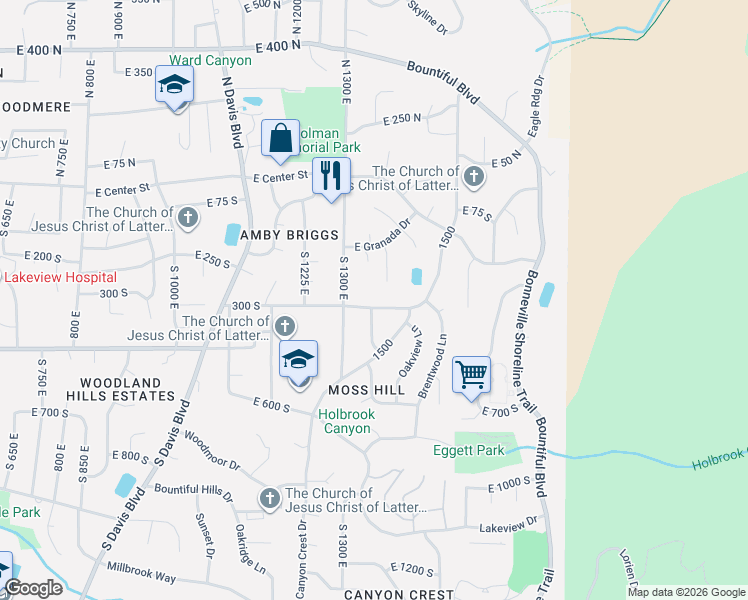 map of restaurants, bars, coffee shops, grocery stores, and more near 331 South 1350 East in Bountiful