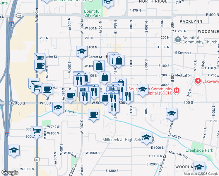 map of restaurants, bars, coffee shops, grocery stores, and more near 52 400 South in Bountiful