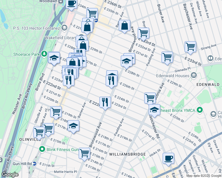 map of restaurants, bars, coffee shops, grocery stores, and more near in The Bronx