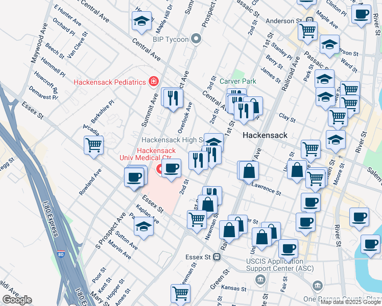 map of restaurants, bars, coffee shops, grocery stores, and more near 100 2nd Street in Hackensack