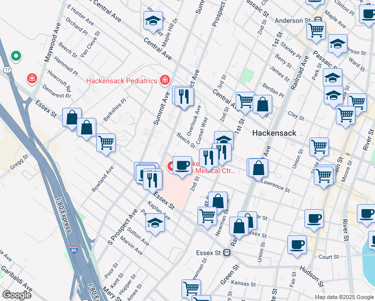 map of restaurants, bars, coffee shops, grocery stores, and more near 2ND State Street in Hackensack