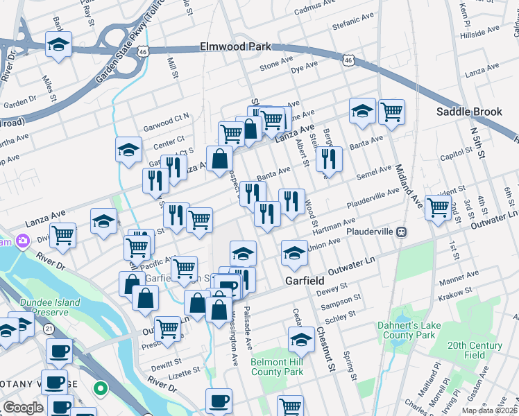map of restaurants, bars, coffee shops, grocery stores, and more near 224 Semel Avenue in Garfield
