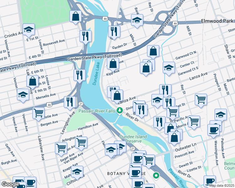 map of restaurants, bars, coffee shops, grocery stores, and more near 22 Cottage Place in Garfield