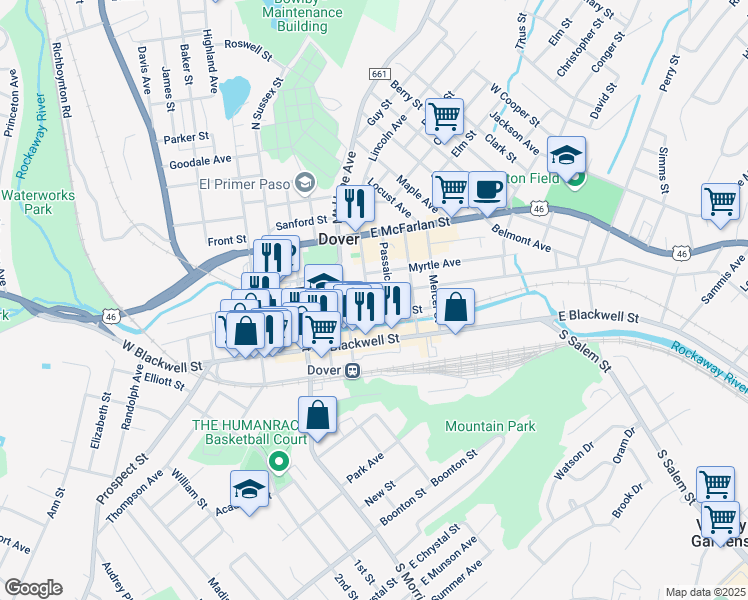 map of restaurants, bars, coffee shops, grocery stores, and more near 24 Hudson Street in Dover