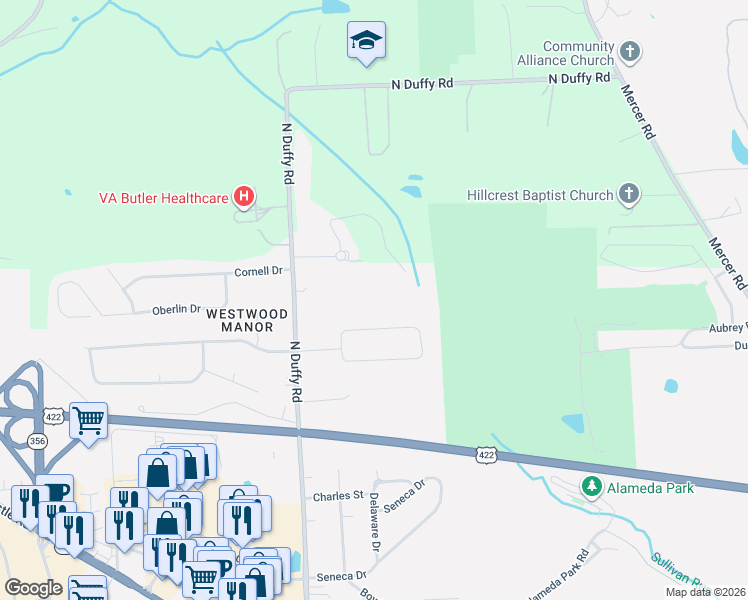 map of restaurants, bars, coffee shops, grocery stores, and more near 348 Westbrook Drive in Butler