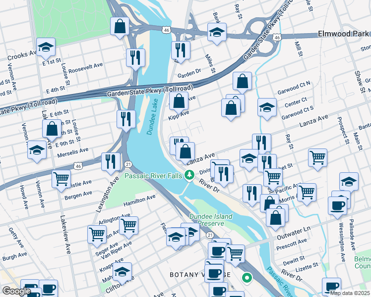 map of restaurants, bars, coffee shops, grocery stores, and more near 22 Cottage Place in Garfield