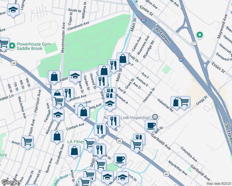 map of restaurants, bars, coffee shops, grocery stores, and more near 370 Main Street in Lodi