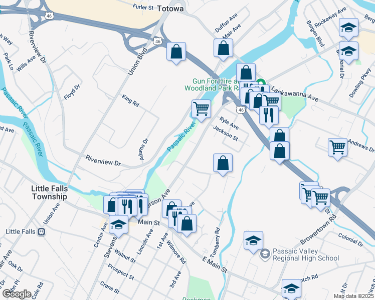 map of restaurants, bars, coffee shops, grocery stores, and more near 175 Paterson Avenue in Little Falls