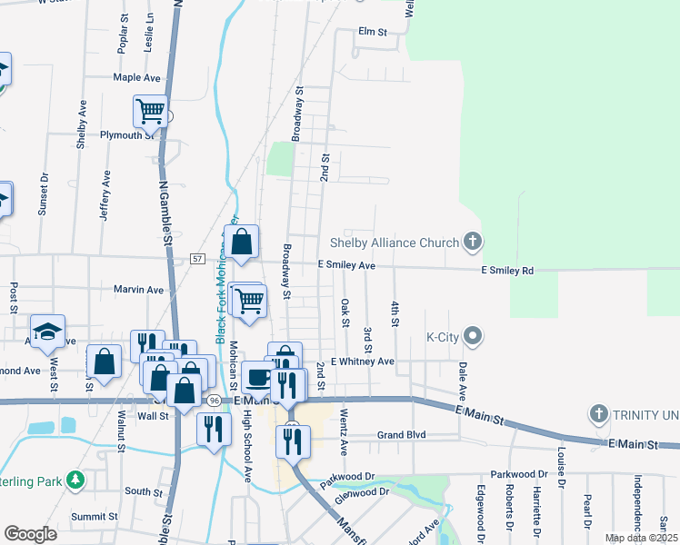 map of restaurants, bars, coffee shops, grocery stores, and more near 53 2nd Street in Shelby