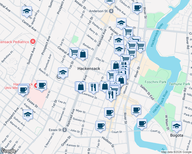 map of restaurants, bars, coffee shops, grocery stores, and more near 217 Union Street in Hackensack