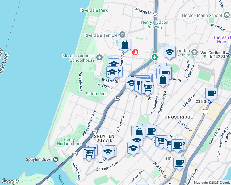 map of restaurants, bars, coffee shops, grocery stores, and more near 3333 Henry Hudson Parkway in Bronx