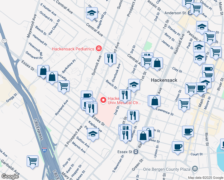map of restaurants, bars, coffee shops, grocery stores, and more near 301 Beech Street in Hackensack
