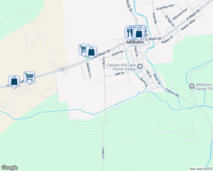 map of restaurants, bars, coffee shops, grocery stores, and more near 100 Frazier Street in Millheim