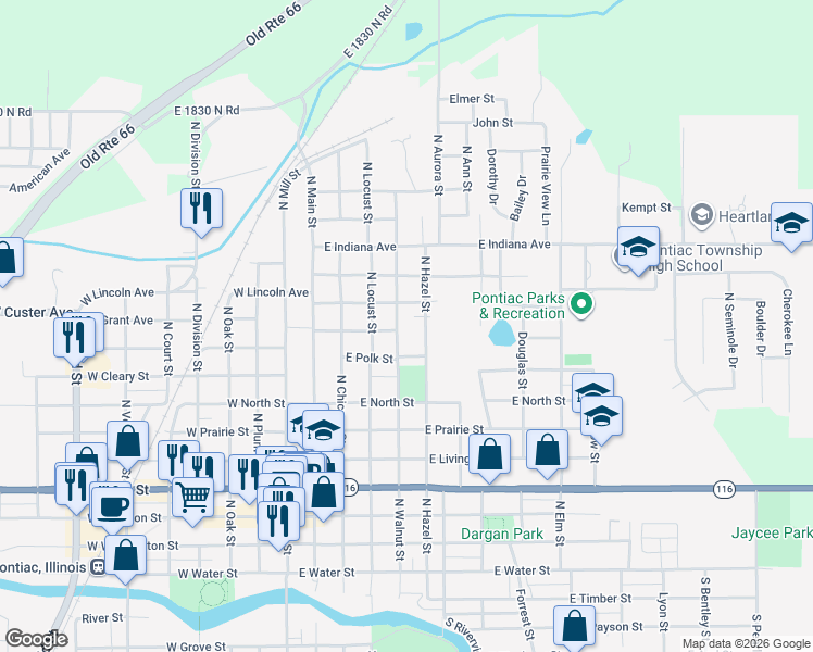 map of restaurants, bars, coffee shops, grocery stores, and more near 815 North Hazel Street in Pontiac
