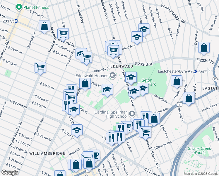 map of restaurants, bars, coffee shops, grocery stores, and more near in The Bronx