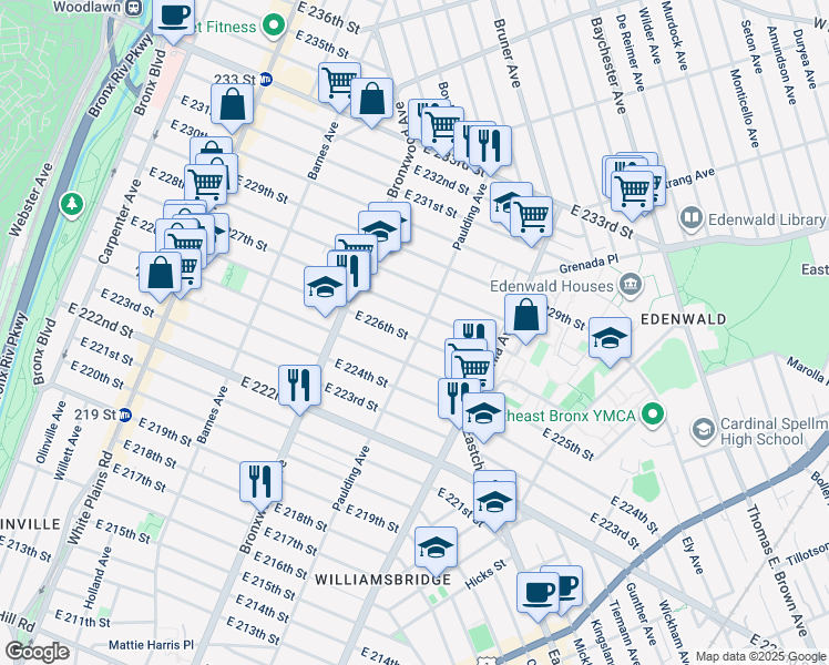 map of restaurants, bars, coffee shops, grocery stores, and more near 1014 East 226th Street in Bronx