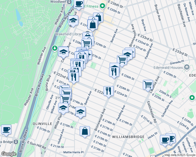 map of restaurants, bars, coffee shops, grocery stores, and more near 772 East 223rd Street in Bronx