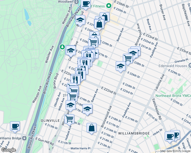 map of restaurants, bars, coffee shops, grocery stores, and more near 745 East 222nd Street in Bronx