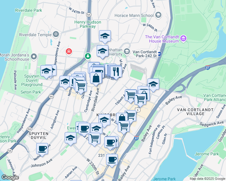 map of restaurants, bars, coffee shops, grocery stores, and more near 409 West 236th Street in Bronx
