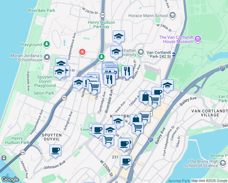 map of restaurants, bars, coffee shops, grocery stores, and more near 3585 Greystone Avenue in Bronx