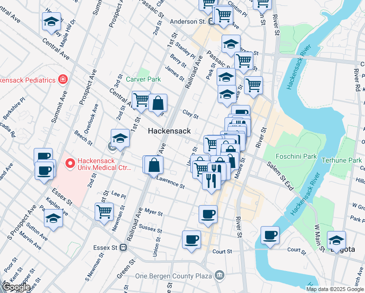 map of restaurants, bars, coffee shops, grocery stores, and more near 217 Union Street in Hackensack
