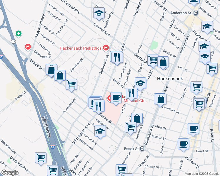 map of restaurants, bars, coffee shops, grocery stores, and more near 316 Atlantic Street in Hackensack