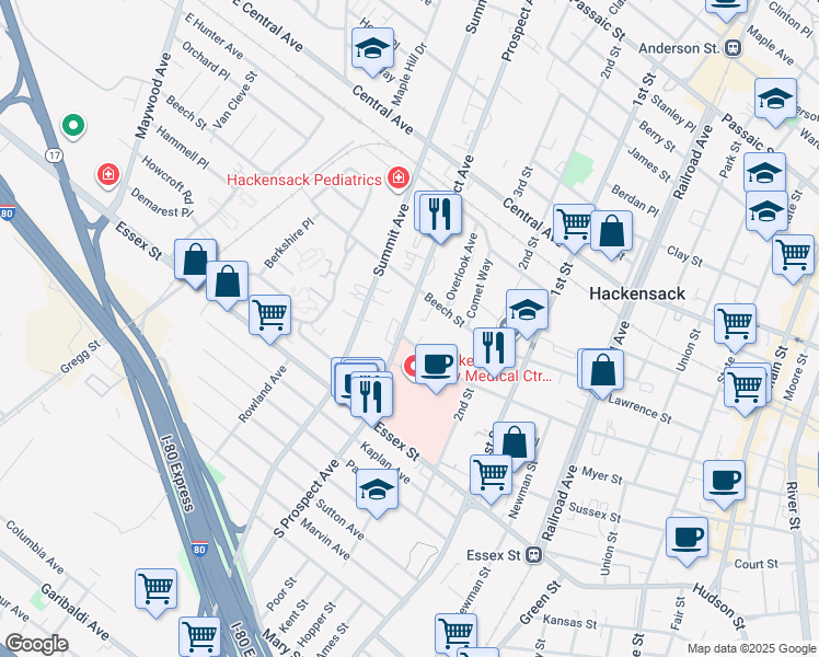 map of restaurants, bars, coffee shops, grocery stores, and more near 316 Atlantic Street in Hackensack