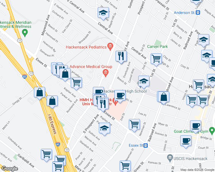 map of restaurants, bars, coffee shops, grocery stores, and more near 33-65 Prospect Avenue in Hackensack