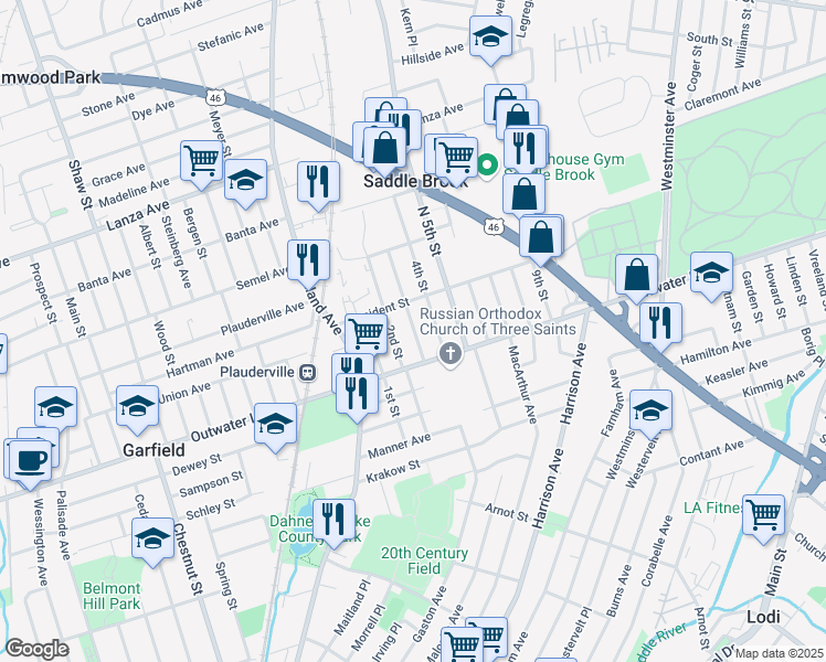 map of restaurants, bars, coffee shops, grocery stores, and more near 345 3rd Street in Saddle Brook