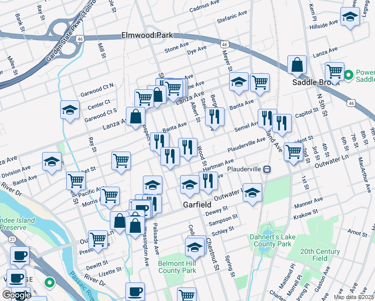 map of restaurants, bars, coffee shops, grocery stores, and more near 59 Plauderville Avenue in Garfield
