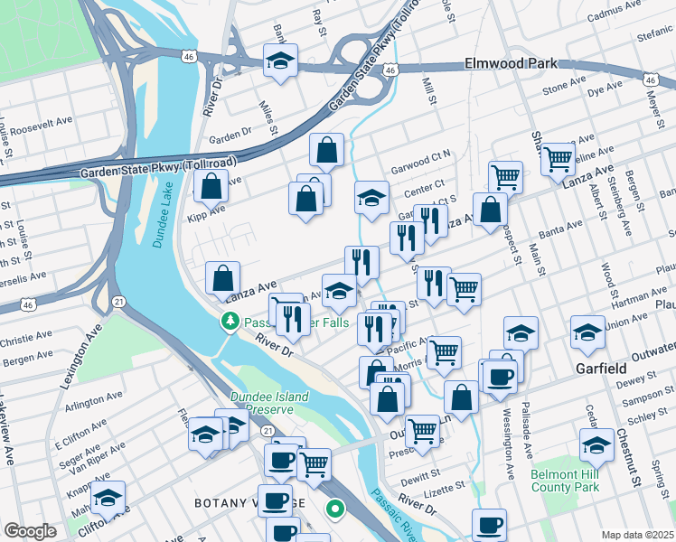 map of restaurants, bars, coffee shops, grocery stores, and more near 117 Division Avenue in Garfield