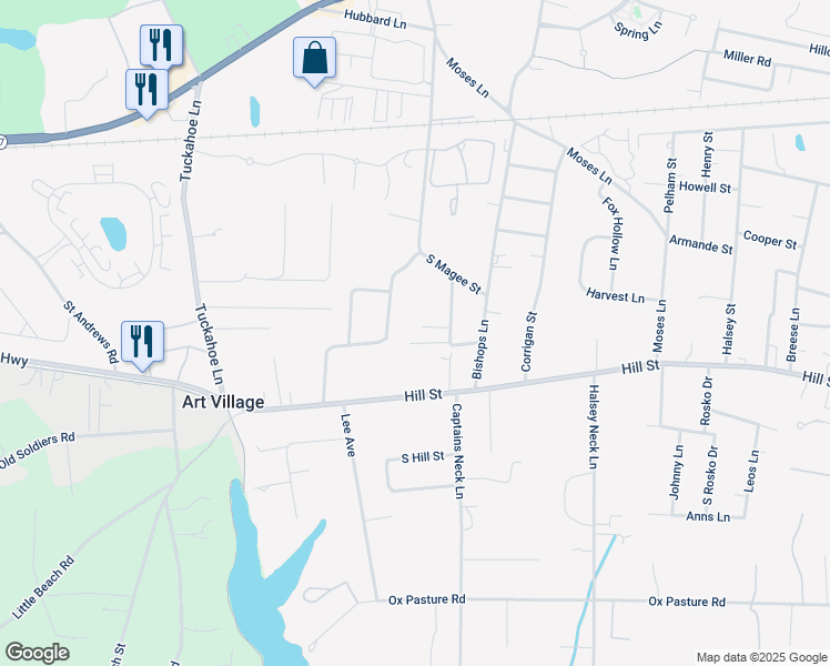 map of restaurants, bars, coffee shops, grocery stores, and more near 57 North Captains Neck Lane in Southampton