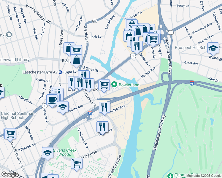 map of restaurants, bars, coffee shops, grocery stores, and more near 2385 Hollers Avenue in Bronx