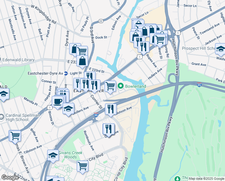 map of restaurants, bars, coffee shops, grocery stores, and more near 2385 Hollers Avenue in Bronx