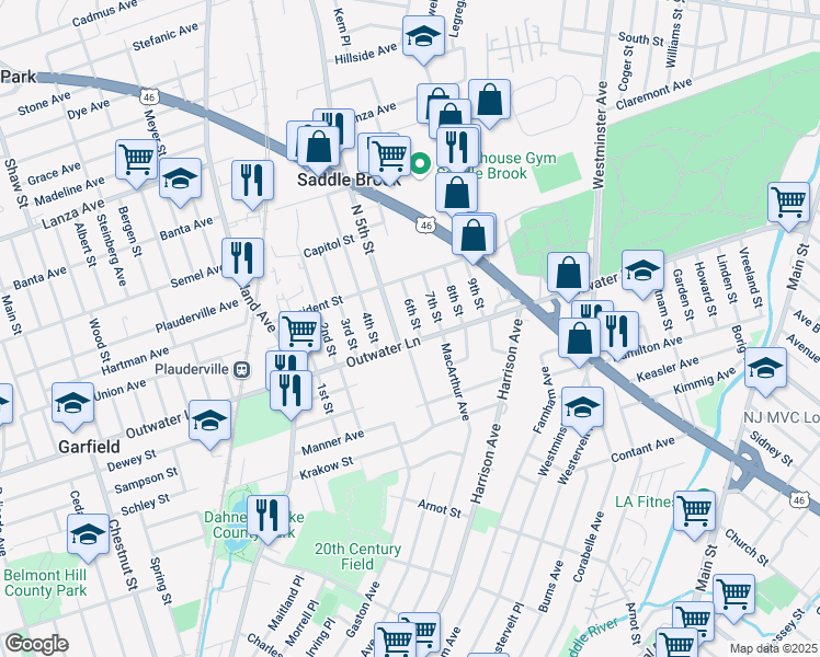 map of restaurants, bars, coffee shops, grocery stores, and more near 520 Outwater Lane in Garfield