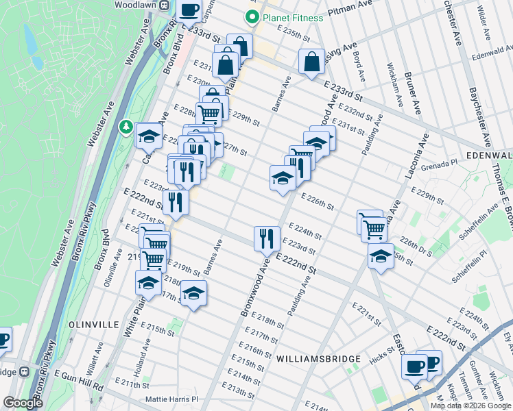 map of restaurants, bars, coffee shops, grocery stores, and more near 832 East 224th Street in The Bronx