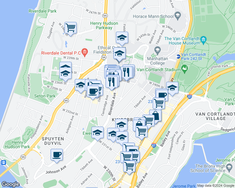 map of restaurants, bars, coffee shops, grocery stores, and more near 3585 Greystone Avenue in Bronx